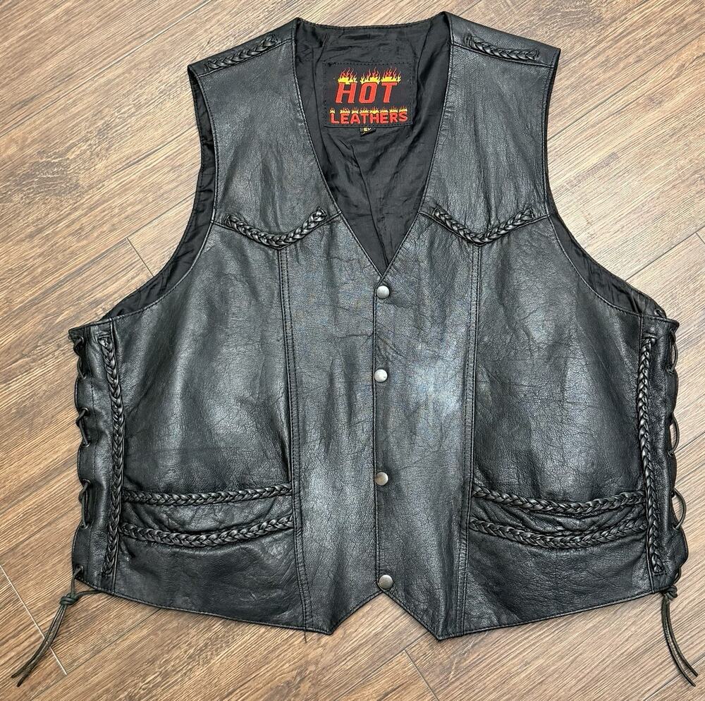 Mens Vtg Hot Leathers Biker Leather Vest Harley-Davidson Size 5XLarge.